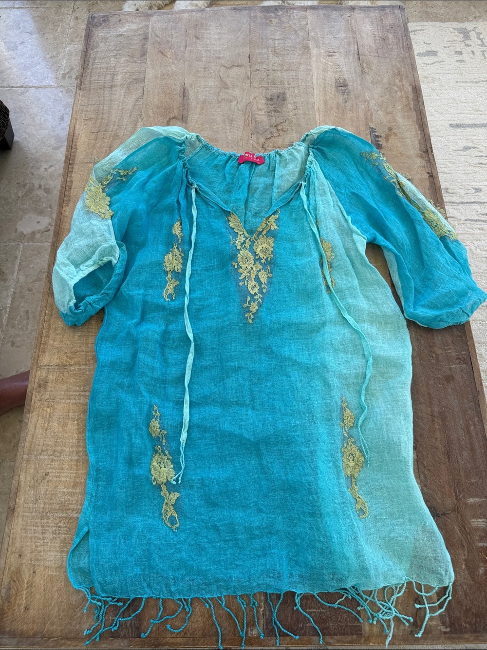 Vanita Rosa linen and lace Turquoise Boho Tunic dress with Fringe